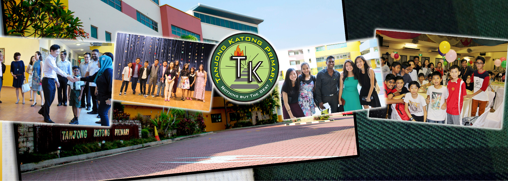 Collage of Tanjong Katong Primary School events with students, staff, and the school's TK crest logo.